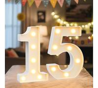 White Decorative LED Light Up Numbers, 8.8" Marquee Number Signs for 15th Birthday Party Anniversary Wedding Backdrop, Lighted Numbers Lights Battery Powered Home Bar Wall Table Decor (Number 15)