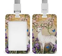 White Deer and Purple Flowers Sliding Id Badge Holder Heavy Duty Waterproof Badge Clip Plastic Key Card Work Holder Case Vertical Sleeve Pocket for Teacher Student