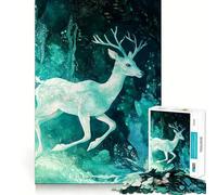 White Deer in Teal Forest 1000 Piece Jigsaws for Adults Brain Recall Game Tight Interlock No Gaps Calming Mental Break Activity (38x26cm)