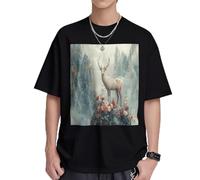 White Deer in The Mountains Mens T-Shirts & Womens T-Shirts, White and Black Graphic Tees for Men and Women, Soft and Breathable
