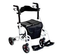 White Deluxe Aluminium Rollator and Transit Chair 2-in-1 Dual Function Walker