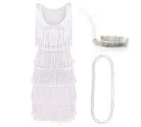 White Deluxe Flapper Dress - Ladies Deluxe White Flapper Costume with Matching Sequin Headband and Silver Pearl Necklace - 1920's Party Dress