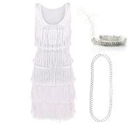 White Deluxe Flapper Dress - Small - Ladies Deluxe White Flapper Costume with Matching Sequin Headband, and Silver Pearl Necklace - 1920's Party Dress