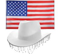 White Diamante Cowboy Hat & USA Flag Set - American Fancy Dress Accessories for Country Music, 4th of July, Western & Festival Parties