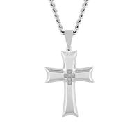 White Diamond Accented Stainless Steel Flared Cross Pendant with Brushed Finish on 24" Twisted Curb Chain Necklace (H-I Color, I2-I3 Clarity), Metal, white-diamond