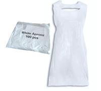 WHITE Disposable Aprons for Men Women - 100 Pack - Waterproof, Polythene PPE Aprons for Cooking, Cleaning, and Painting - Food Service, Home, and Industrial Use