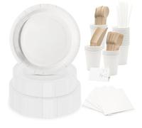 White Disposable Tableware Set for 25 Guests - Minimalist Plates, Cups, Napkins with Wooden Cutlery & Name Card - Eco Compostable Party Pack for Wedding, BBQ, Baby Shower, Events