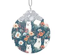 White Dog and Flowers Christmas Ornament Round Shape Glass Christmas Hanging Pendants for Xmas Tree Decoration, Unique Acrylic Suncatcher Xmas Decor Holiday Pendants Gift Silver