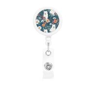 White Dog and Flowers Retractable Badge Reel Heavy Duty Badge Holder with Belt Clip Retractable Lanyards ID Card Holder with Keychain Name Badge Clips for Office Nurse Employee