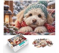 White Dog Christmas Hat Scarf Wooden Jigsaw Puzzle for Adults | Jigsaw Puzzle for Adults - clear image areas for detailed puzzle work on weekends.