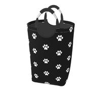 White Dog Footprints On Black Background, Laundry Hamper, Collapsible Laundry Basket Large Durable Storage Bin with Handles 50L