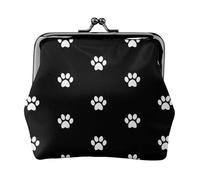 White Dog Footprints On Black Background, PU Leather Coin Purse, Small Wallets, Change Pouch with Kiss Lock Clasp Buckle, Change Purse