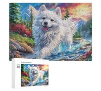 White Dog in Mountain Stream with Flowers 300 Piece Jigsaw Puzzle for Family Indoor Table Activity Problem Solving Gift for Quality Time 300 PCS