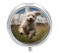 White Dog in The Field Pill Box Cute Round Pill Case Portable Medicine Tablet Vitamin Holder Organizer for Purse Pocket