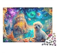 White Dog Paints in Cosmic Garden 1000Pc Jigsaw Puzzle Cute Dog Educational & Challenging, Gift for All 70x50cm/1000pcs