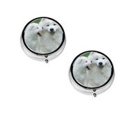 White Dog Print Pill Box, Round Pill Organizer, 3 Compartment Small Pill Case for Purse & Pocket, Portable Medicine Box, Travel Pill Case