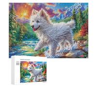 White Dog Running in Sunset Lake 300 Piece Jigsaw Puzzle for Teens 14+ Party Game Logic Thinking Gift for Social Gathering 300 PCS