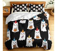 White Double Duvet Cover Set Animals Cats Ghosts Jack-O'-Lanterns Printed Soft Luxury Bedding Set, Ultrasoft Reversible 100% Microfiber Cartoon Quilt Covers with 2 Pillowcases, 200 x 200 cm