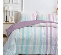 White Double Duvet, Double Quilt 4.5 Tog for Spring & Summer, Reversible Coverless Duvet with Purple Stripe Pattern, Lightweight Soft Comforter with 2 Pillowcases, 200x200cm, Machine Washable, C481