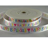 White Double Faced Satin Ribbon with Multi Colour Happy Birthday Print 15mm x 1 M Cut from roll
