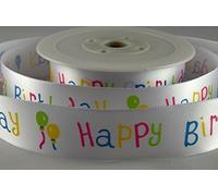 White Double Faced Satin Ribbon with Multi Colour Happy Birthday Print 25mm x 1 M Cut from roll