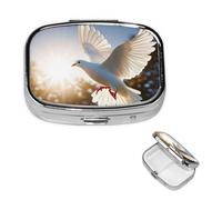 White Dove Flying in The Sun Pill Box with Mirror, 2 Compartment Small Pill Case for Purse Or Pocket Mini Metal Pill Holder Travel Weekly Medicine Tablet Vitamin Holder Organizer Travel Gifts
