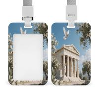 White Dove Over Greek Temple Badge Holder ID Badge Card Holder Wallet Case Sturdy Lanyard Badge Protector Vertical Plastic Card Case Protector Pouch with Clear Window ID Holder