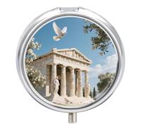 White Dove Over Greek Temple Pill Box 3-Compartment Travel Pill Organizer Portable Round Medicine Case with Mirror Design for Vitamins, Jewelry & Essentials Durable Pocket Pillbox for Purse, Camping