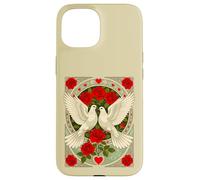 White Doves and Red Roses Art Nouveau Illustration Case for iPhone 15