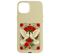 White Doves and Red Roses Art Nouveau Illustration Case for iPhone 15 Plus