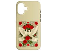 White Doves and Red Roses Art Nouveau Illustration Case for iPhone 16