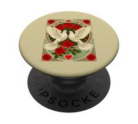 White Doves and Red Roses Art Nouveau Illustration PopSockets Adhesive PopGrip