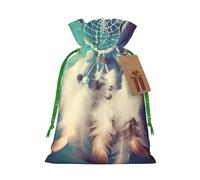 White Dream Catcher Feather Christmas Gift Bags with Tags & Ribbon Ties, Personalized Santa Sack Xmas Treat Pouch Party Favor Bags Drawstring Christmas Sacks for Holiday Presents Storage Small