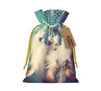 White Dream Catcher Feather Christmas Gift Bags with Tags & Ribbon Ties, Personalized Santa Sack Xmas Treat Pouch Party Favor Bags Drawstring Christmas Sacks for Holiday Presents Storage Medium
