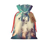 White Dream Catcher Feather Christmas Gift Bags with Tags & Ribbon Ties, Personalized Santa Sack Xmas Treat Pouch Party Favor Bags Drawstring Christmas Sacks for Holiday Presents Storage Small