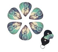 White Dream Catcher Feather Guitar Picks 6 Pack, 0.46mm Thickness Celluloid Bass Pick with Leather Guitar Pick Holder Keychain Abstract Art Pics Plectrum for Acoustic Electric Guitar, Ukulele, Bass