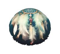 White dream catcher feather Shower Cap for Women Men Double Layer Waterproof Bath Cap Elastic Reusable Shower Hat Bath Hair Wrap Hat Washable Shower Bonnet for Long Hair, Braids Color351