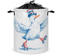 White Duck Wearing Roller Skates And Hat Laundry Basket Laundry Hamper Round Collapsible Drawstring Clothes Hamper for Bedroom Bathroom