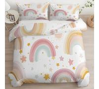 White Duvet Cover Set Double Size, Cartoon Bohemian Rainbow Sun Stars Comforter Cover with 2 Pillowcases, 200 x 200 cm Bedding Set 3pcs for Kid Girls Bedroom Decor Bedspread