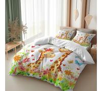 White Duvet Cover Set Super King Size, Ultra Soft 3 Piece Bedding Set Quilt Cover with 2 Pillowcase - Cartoon Heart Flowers Giraffe Bedding All Season 260 x 220 cm for Kids Adults