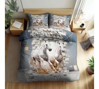 White Duvet Cover Single Size, 3D Brick Wall Animal Horse Bedding Set 3pcs - Soft Polyester Reversible Print Quilt Cover 135 x 200 cm with 2 Pillowcase for Kids Boys Girls Bedroom Decor