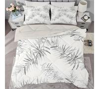 White Duvet Super King Size, Coverless Duvet 7.5 Tog with Grey Leaves Pattern, Soft Lightweight Comforter Set for Autumn Summer, 1 Superking Quilt 260x220cm with 2 Pillowcases, Machine Washable
