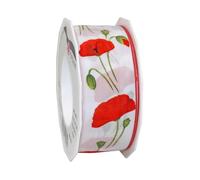 White ECO Wire Edge Ribbon with Red Poppy Print 40mm x 20m Roll or Cut Length (1m Cut Length)