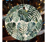 White Ed Tropical Botanical Leaves Ceramic Christmas Ornaments - 4 Pcs Rustic Round Xma Tree Decor with Hanging String, Personalized Vintage Double-Sided Holiday Party Decorations for Xmas Gifts