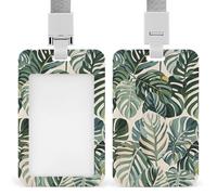 White Ed Tropical Botanical Leaves ID Badge Holder with Vertical Card Badge Holder Waterproof Plastic Card Sleeve Badges Protector Case Name Tag ID Card Holder for Office Doctor Nurse Teachers