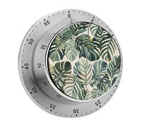 White Ed Tropical Botanical Leaves Kitchen Timer Visual Timer for Cooking 60 Minute Wind Up Timers Stainless Steel Manual Magnetic Countdown Visual Mechanical Timers Cooking Clock with Loud Alarm