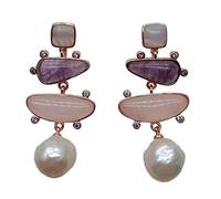 White Edison Pearl Blue chalcedony Amethyst Rose quartz geometric rose gold color plated Stud Earrings