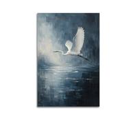 White Egret in Flight Wall Art, Textured Blue Abstract Canvas Print, Serene Bird Poster for Living Room, Bedroom, Office, Hallway And Coastal Home Decor 20x30inch