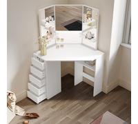 (White) Elegant Corner Dressing Table with 3 Mirrors & 5 Drawers, Vanity Table with Side Shelves, 111 x 78.5 x 141.5cm