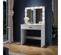 (White) Elegant LED Dressing Table with Mirror, 12 Bulb Lights, Compact Vanity Makeup Table with Drawer Storage, Modern Space Saving Bedroom Furniture
